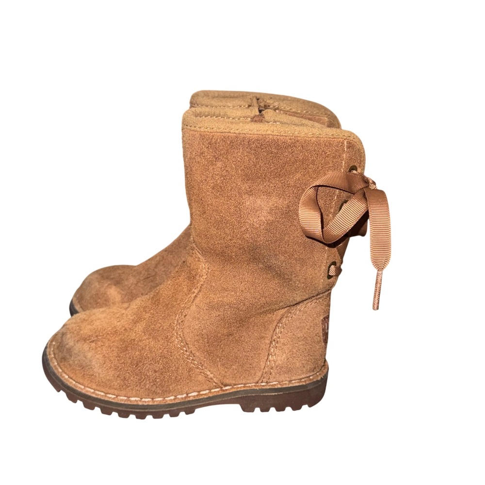 UGG Kids Chestnut Suede Lace Up Boots Side Zip Satin Ribbon Bow Toddler Size 6